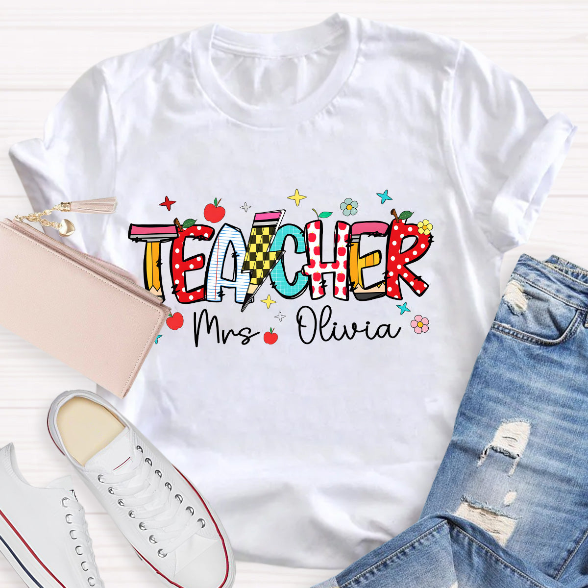 Personalized Name Star And Flower Teacher T-Shirt