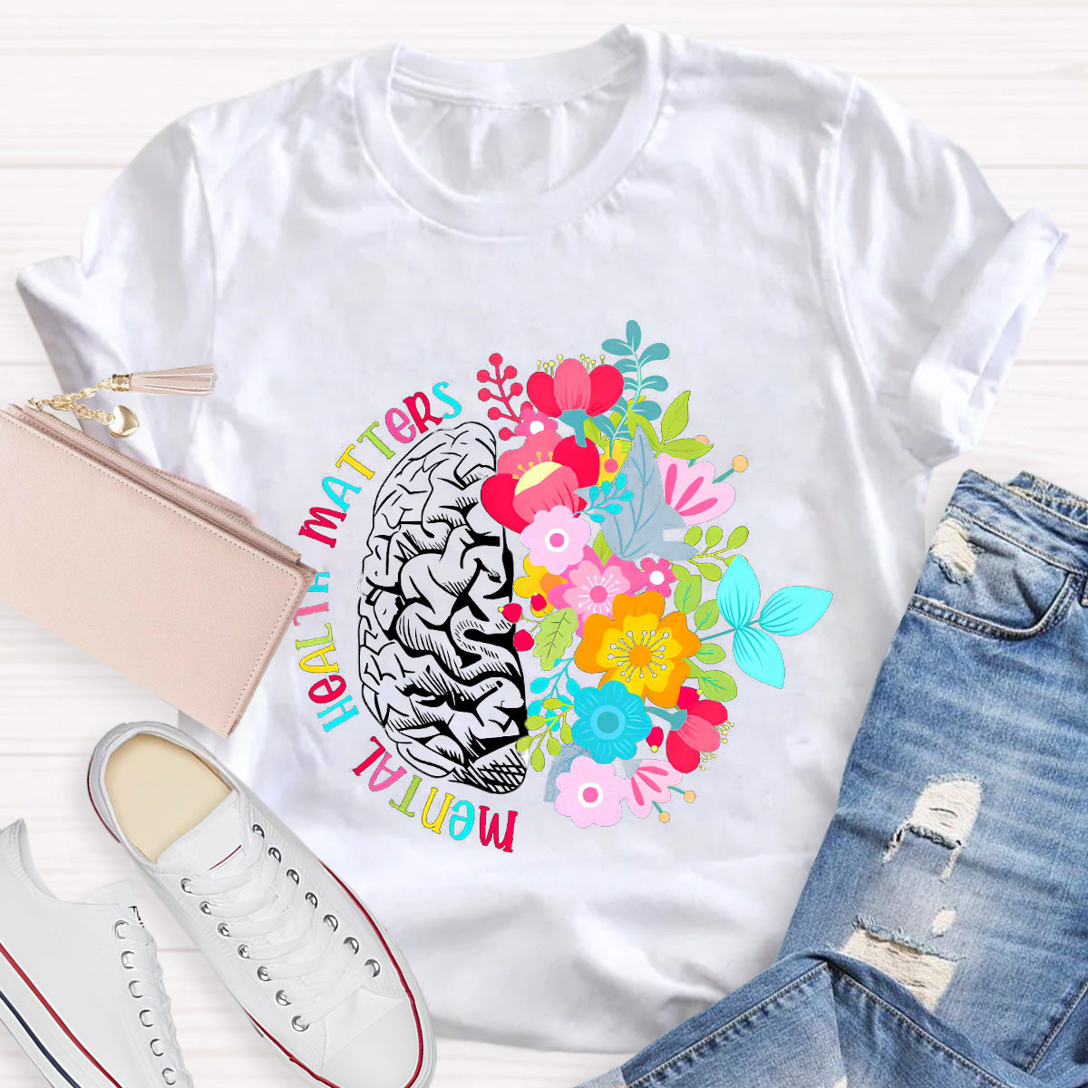 Mental Health Matters Floral Brain Teacher T-Shirt
