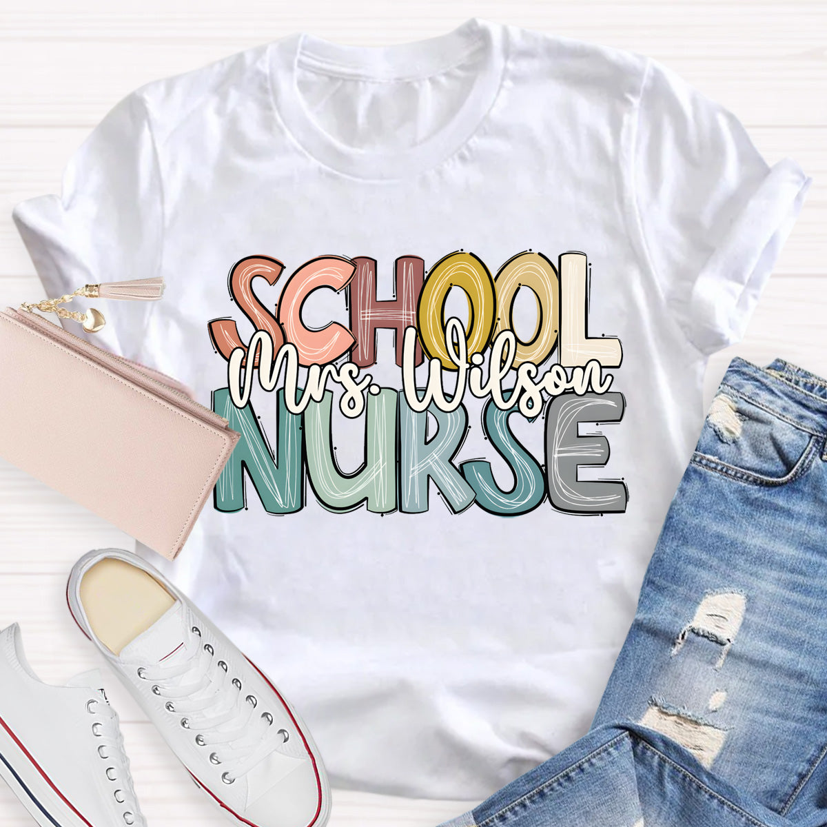 Personalized School Nurse Name Colorful Letter T-Shirt