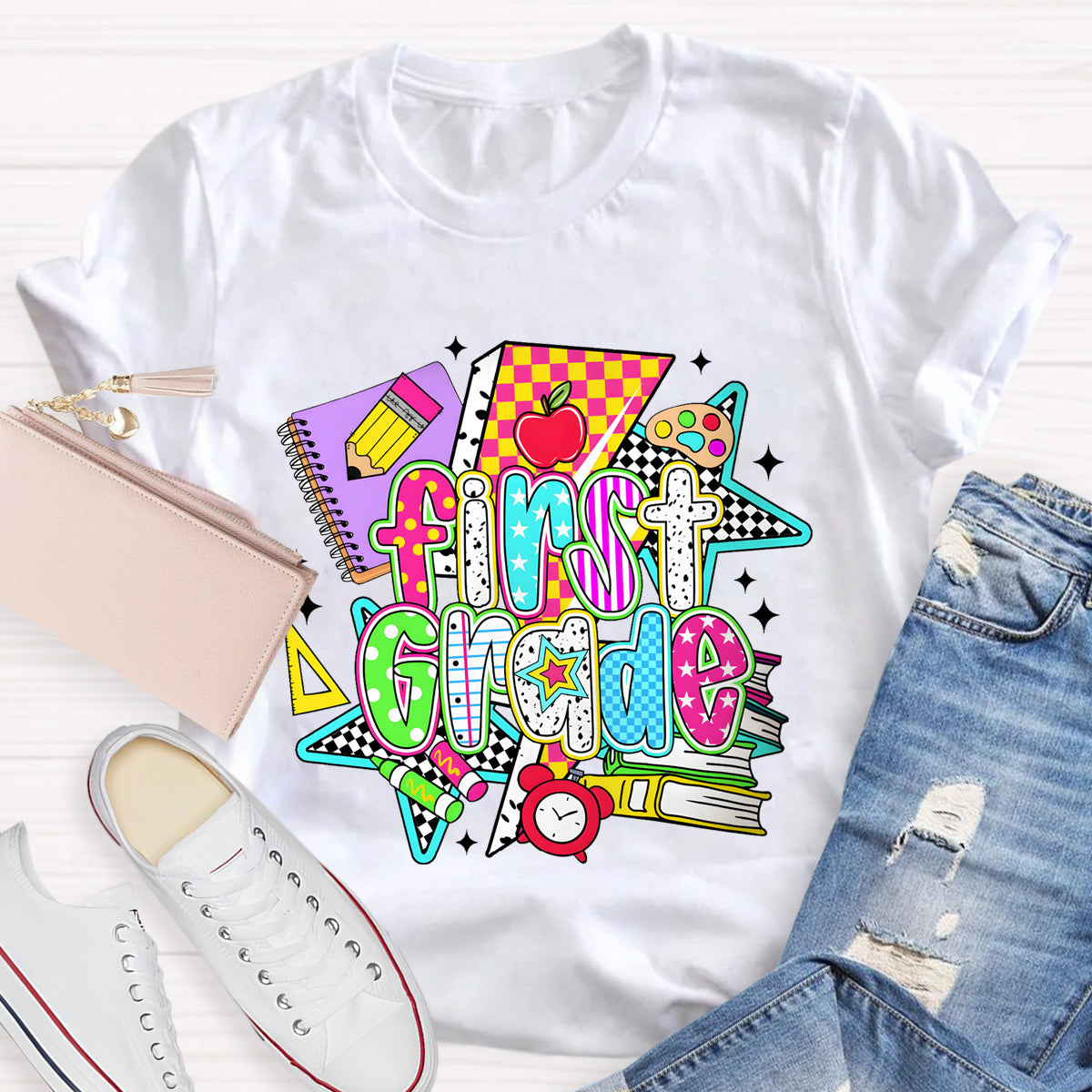 Personalized Grade First Grade Teacher Books Pencil T-Shirt