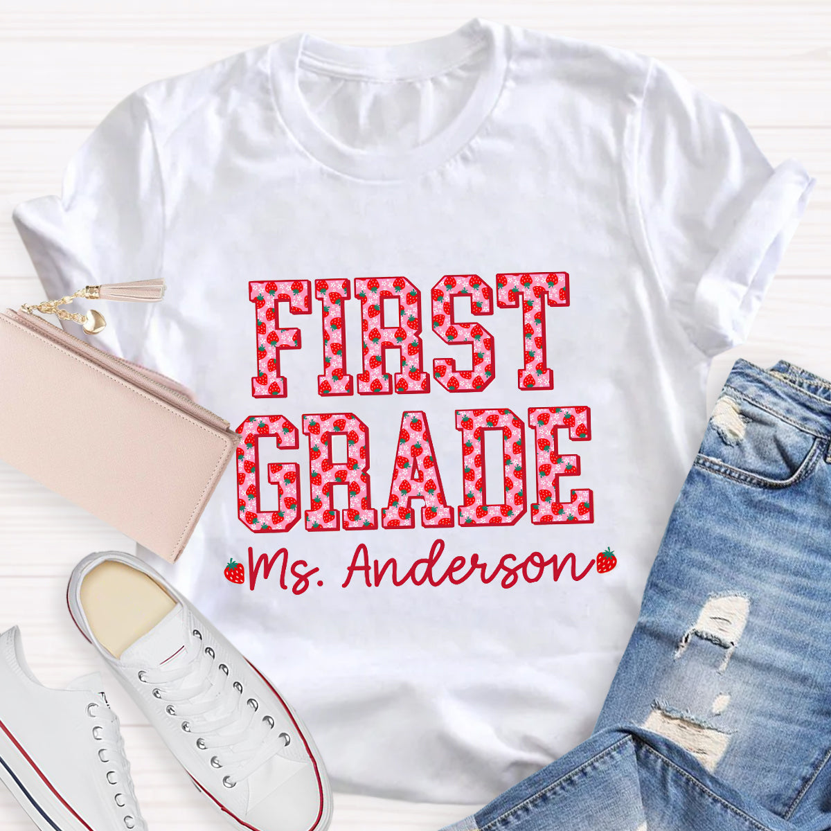 Personalized Grade And Name Strawberry Printed Teacher T-Shirt