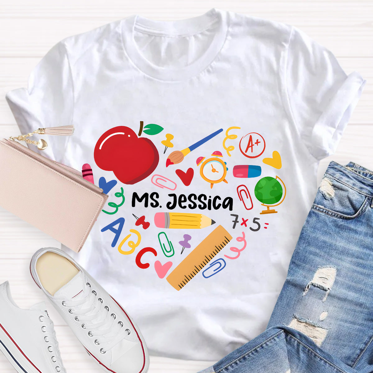 Personalized Name Apple And Heart Teacher T-Shirt