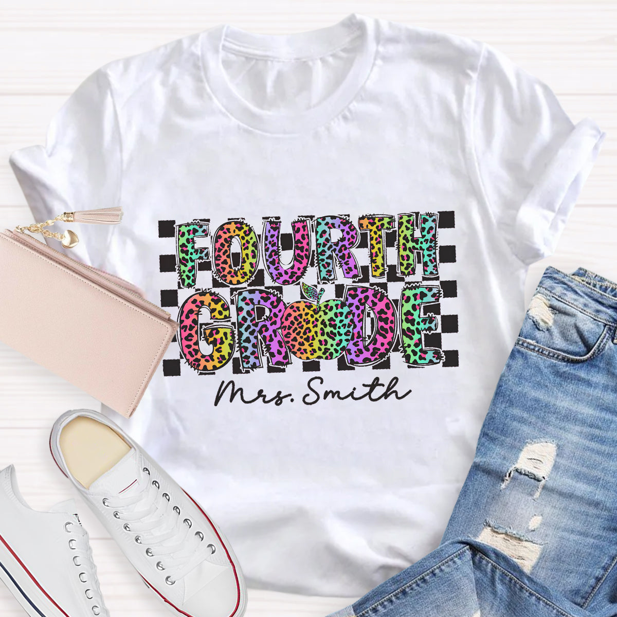 Personalized Grade And Name Colorful Leopard Print Teacher T-Shirt