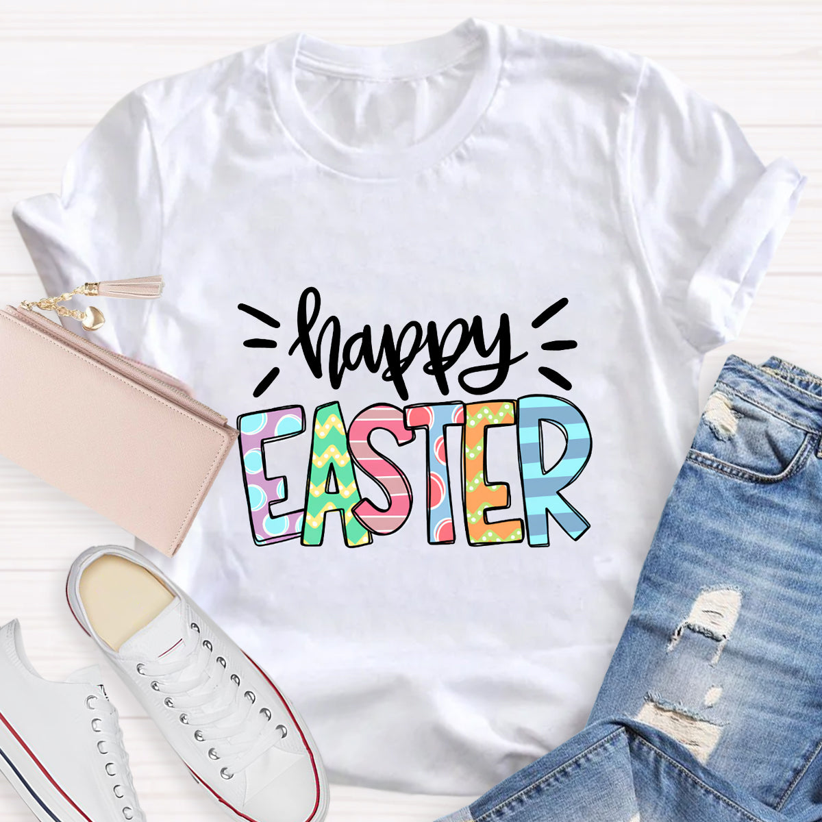Happy Easter Colorful Printed Teacher T-Shirt