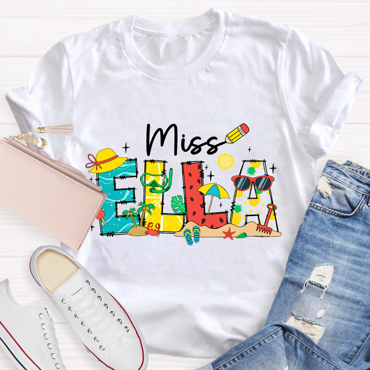 Personalized Name Summer Break Beach Teacher T-Shirt