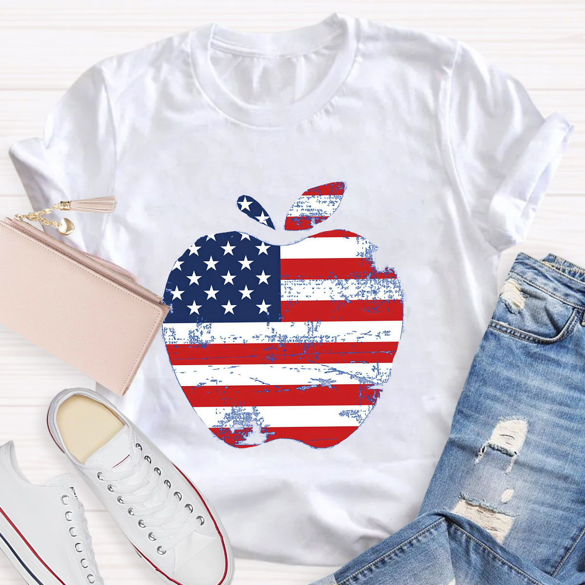 US Flag Apple Teacher T-Shirt