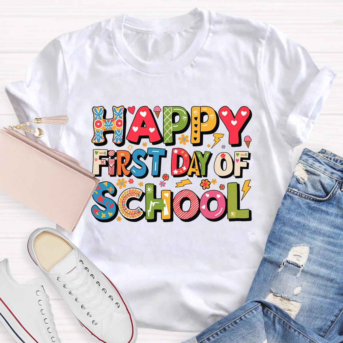 Happy First Day Of School Heart Printed Teacher T-Shirt