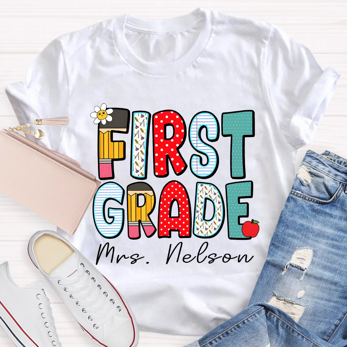 Personalized Grade And Name Back To School Dot Printed Teacher T-Shirt