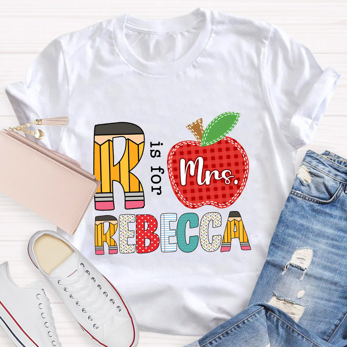 Personalized Name Red Apple R Is For Rebecca Teacher T-Shirt