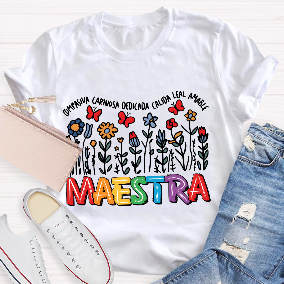 Maestra Butterfly And Flowers Teacher T-Shirt