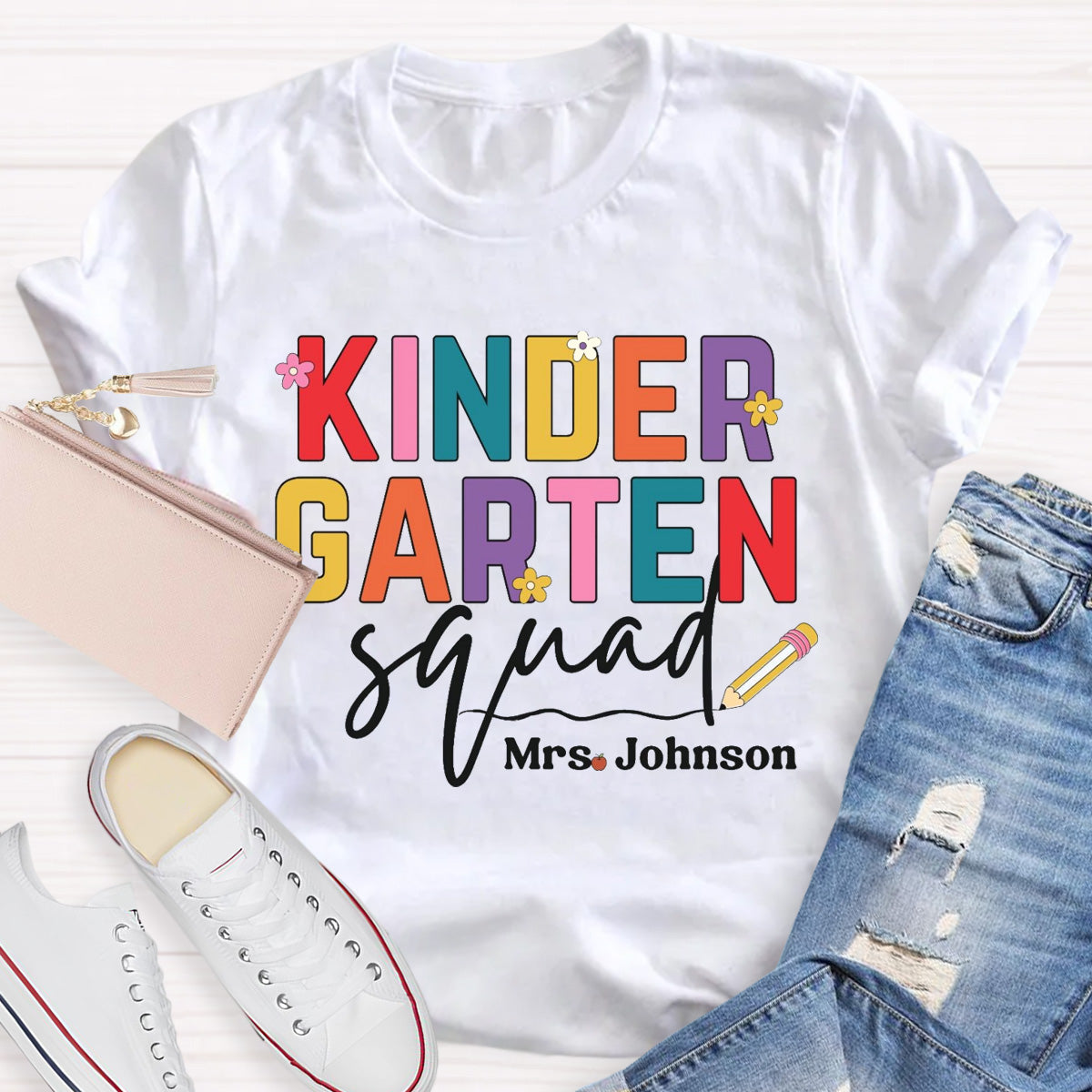 Personalized Grade And Name Teacher Squad Floral Pencil T-Shirt