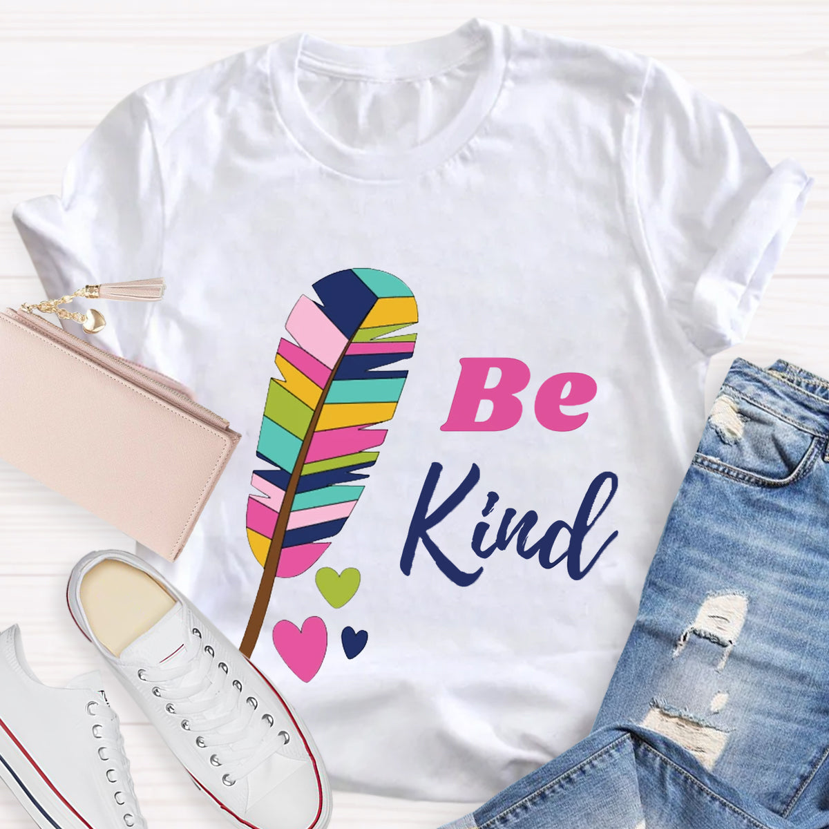 Be Kind Colorful Feather Design T-Shirt