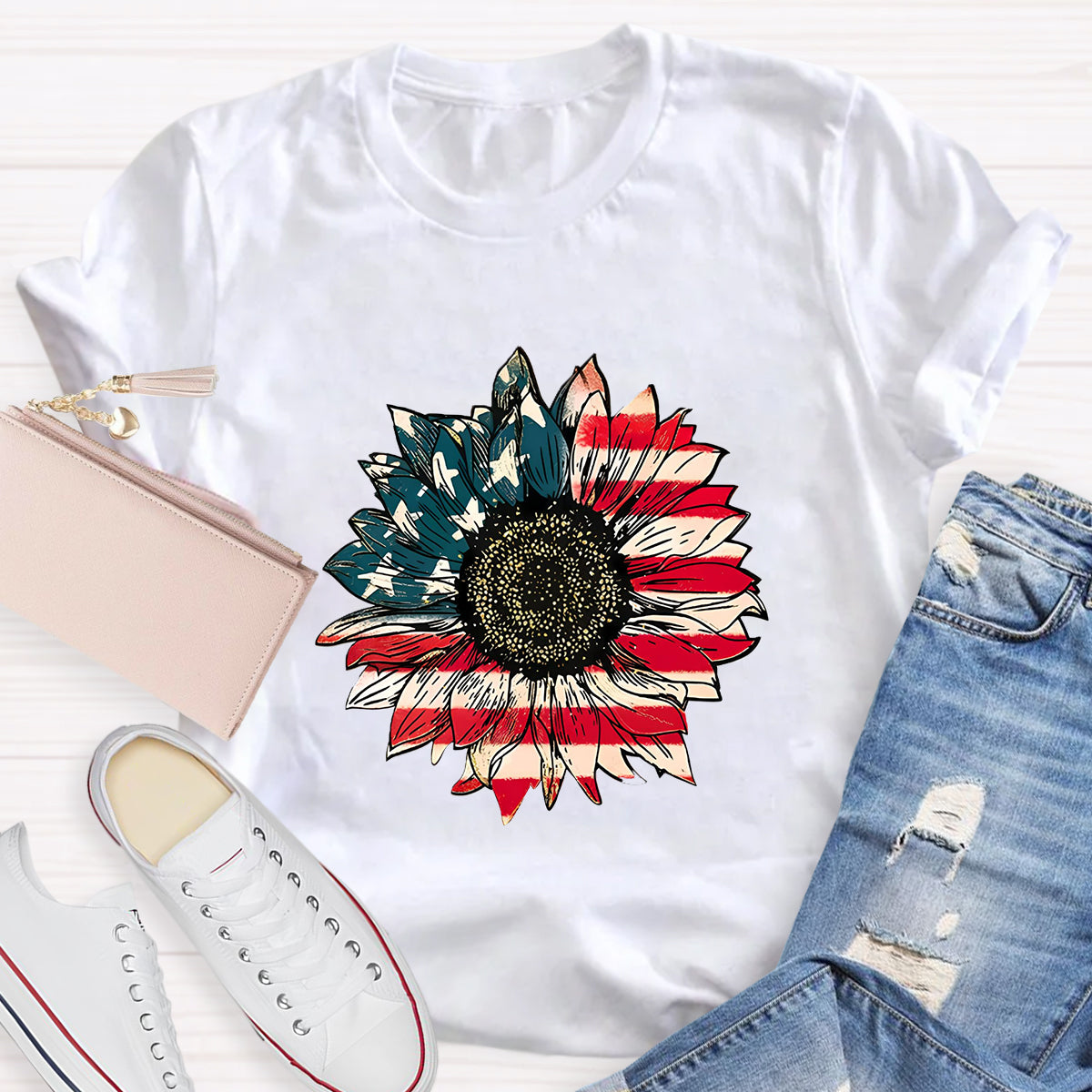 US Flag Flower Teacher T-Shirt
