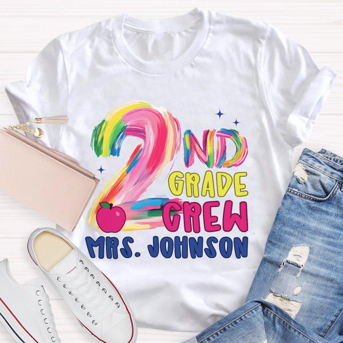 Personalized Grade And Name Pink Apple Teacher T-Shirt