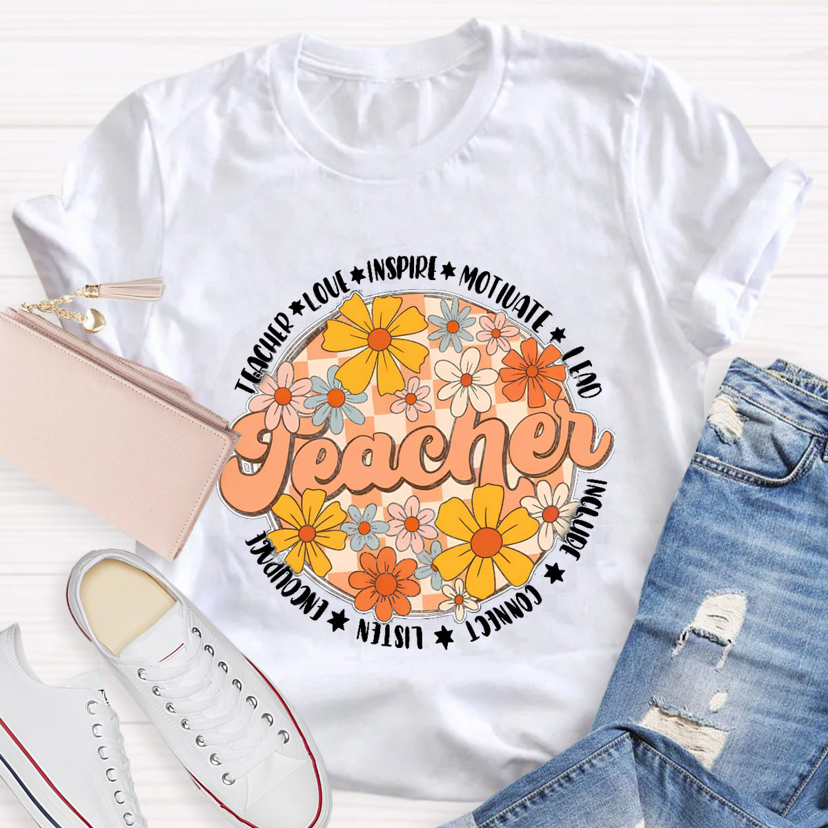 Love Motivate Inspire Floral Teacher T-Shirt