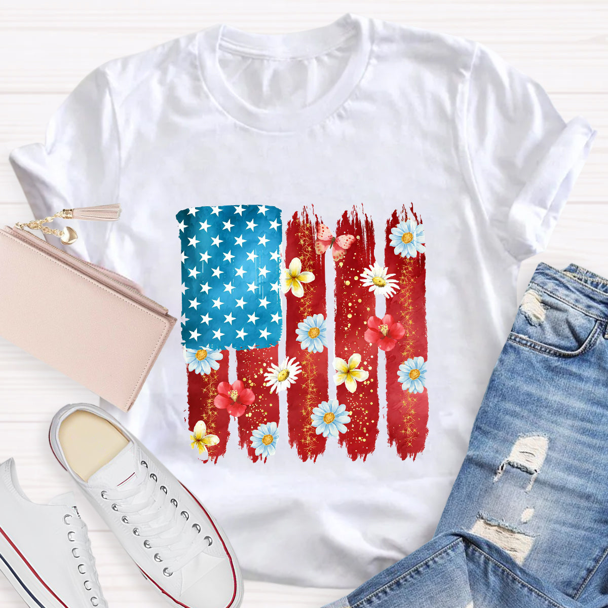 US Flag Flower Strip Star Teacher T-Shirt