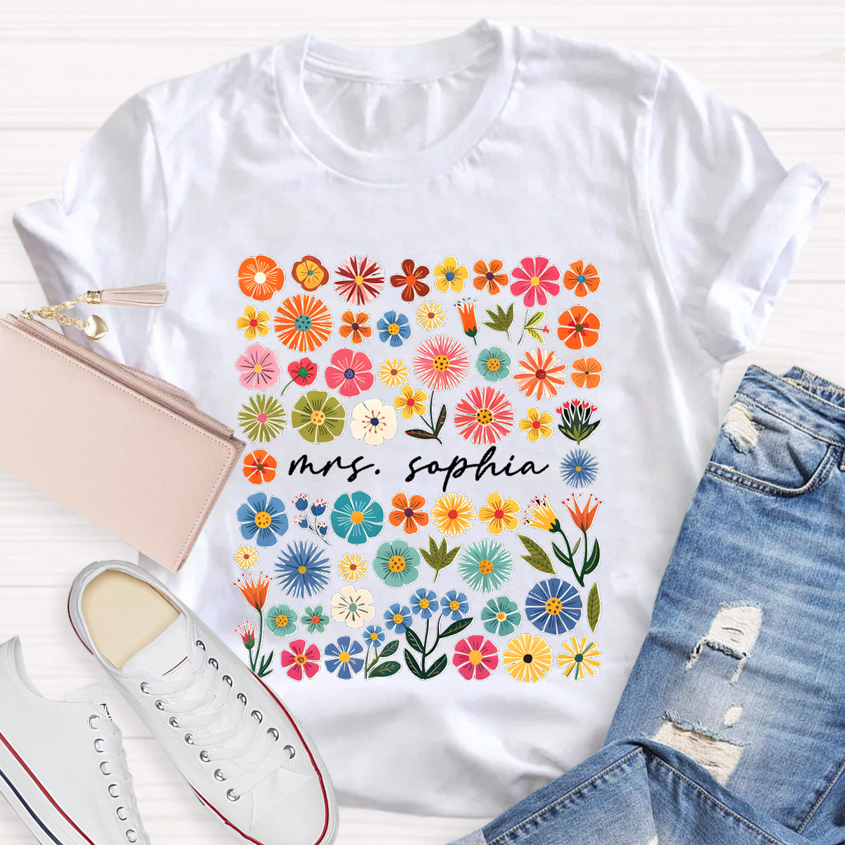 Personalized Name Vintage Florals l Teacher T-Shirt
