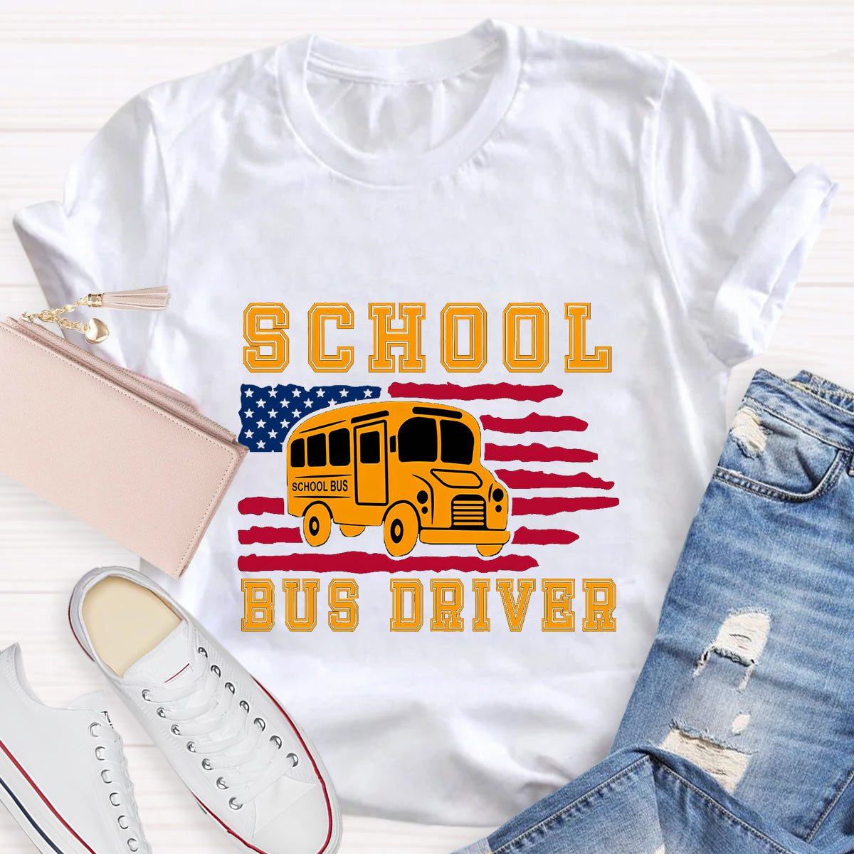School Bus Driver US Flag T-Shirt