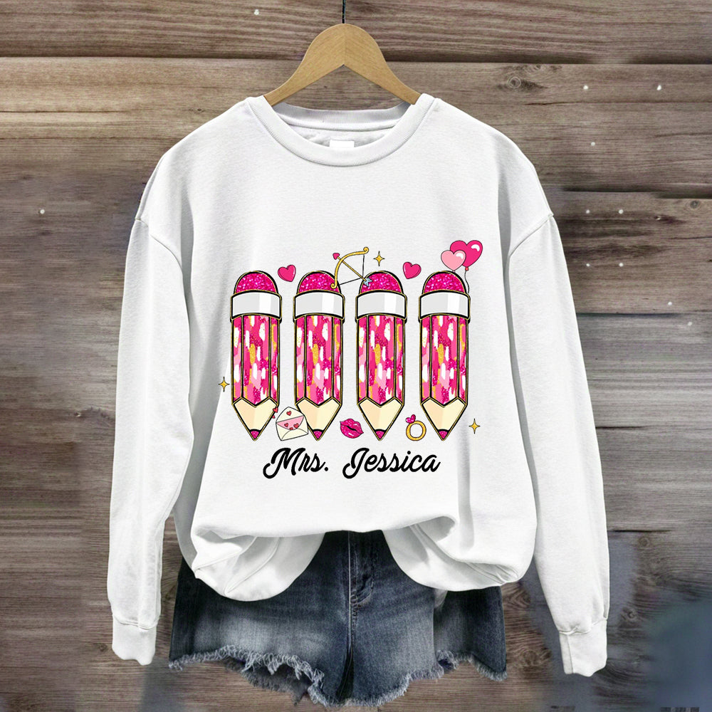 Personalized Name Pink Pencil Teacher Sweatshirt