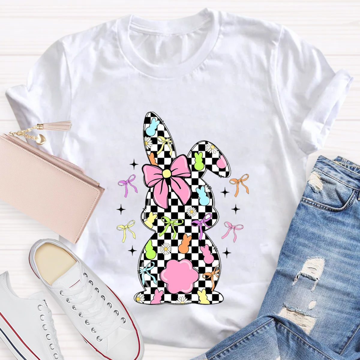 Easter Checkerboard Rabbit Teacher T-Shirt