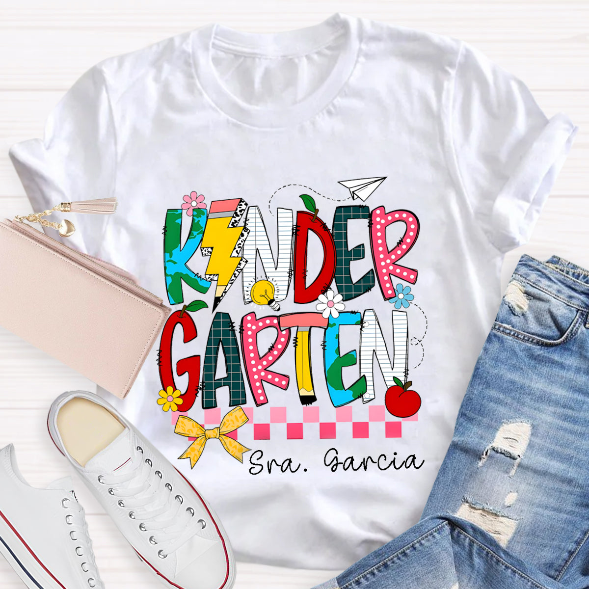 Personalized Grade And Name  Apple Pencil light Teacher T-Shirt