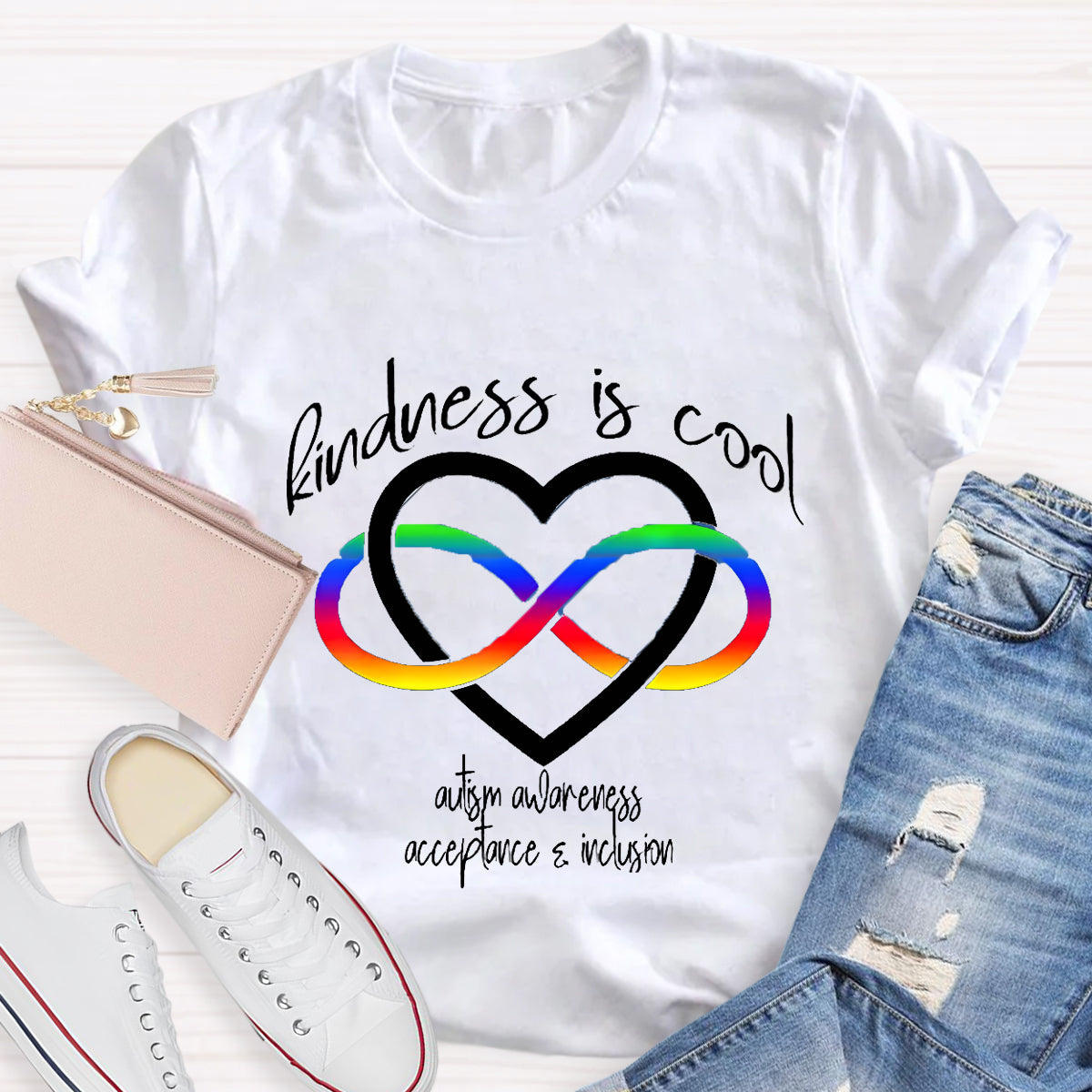 Kindness is Cool Autism Infinity Heart Rainbow T-Shirt