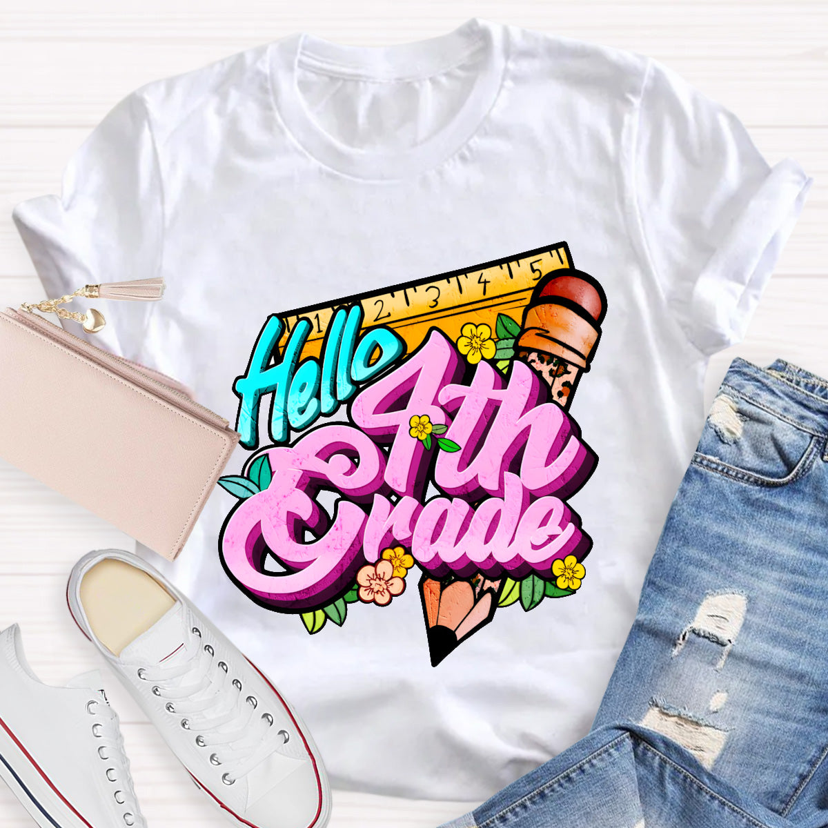 Personalized Grade Hello 4th Grade Back To School Teacher T-Shirt