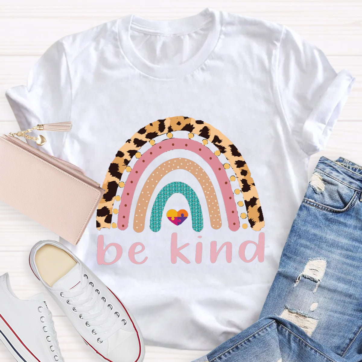 Be Kind Leopard Rainbow Colorful Heart T-Shirt