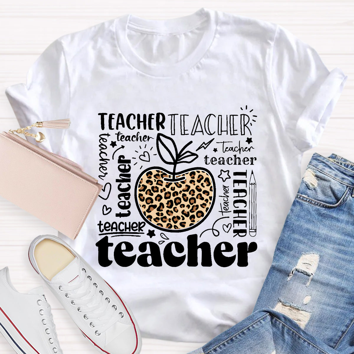 Teacher Various Fonts Various Fonts Leopard Apple T-Shirt