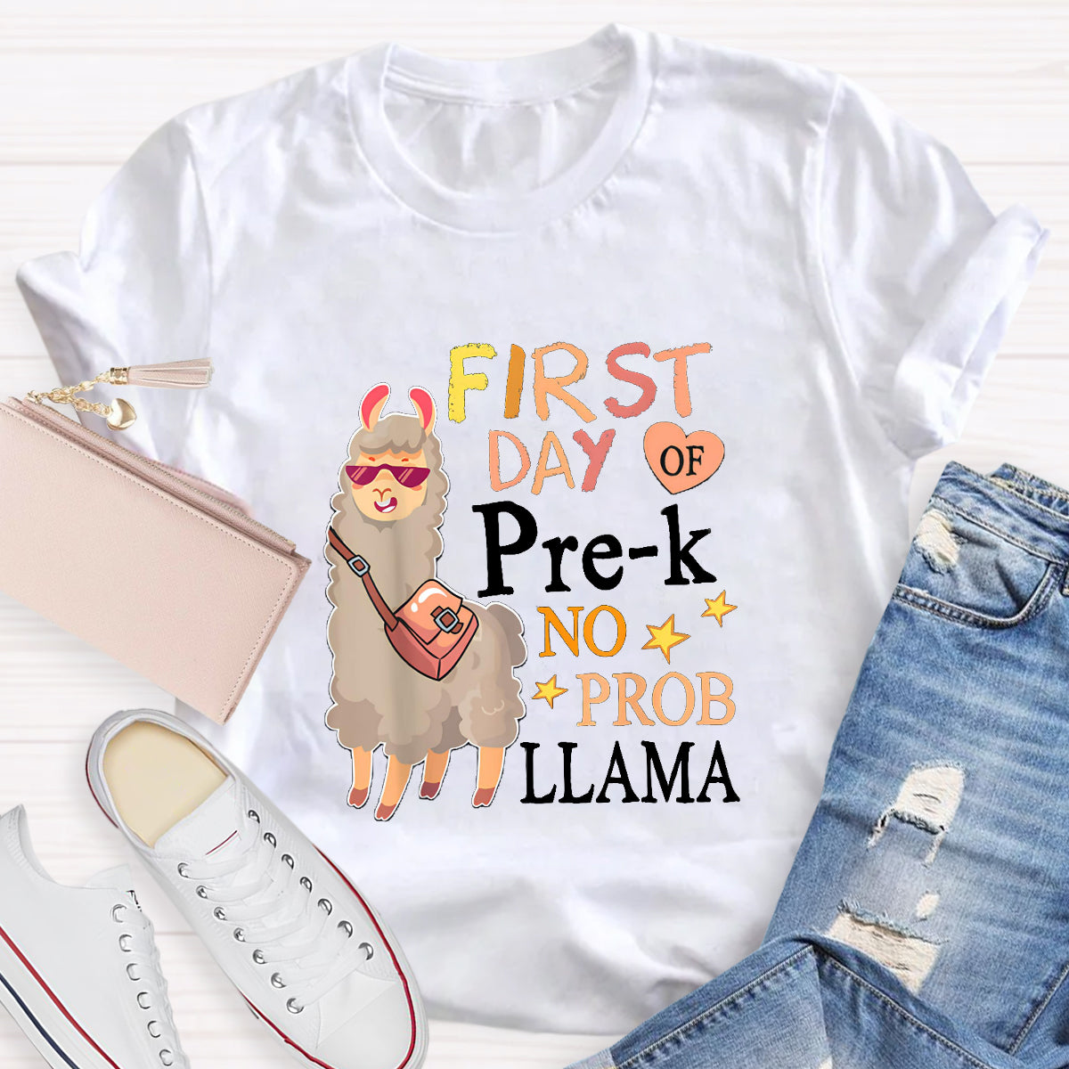 Personalized Grade First Day Of Pre-k No Prob Llama Spanish Teacher T-Shirt