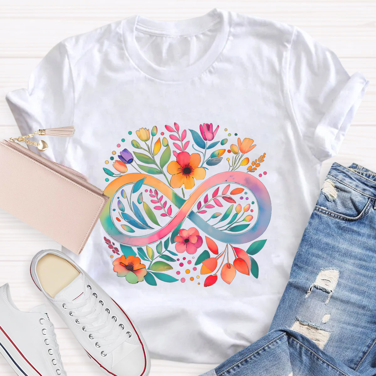 Rainbow Infinity Watercolor Flowers Teacher T-Shirt