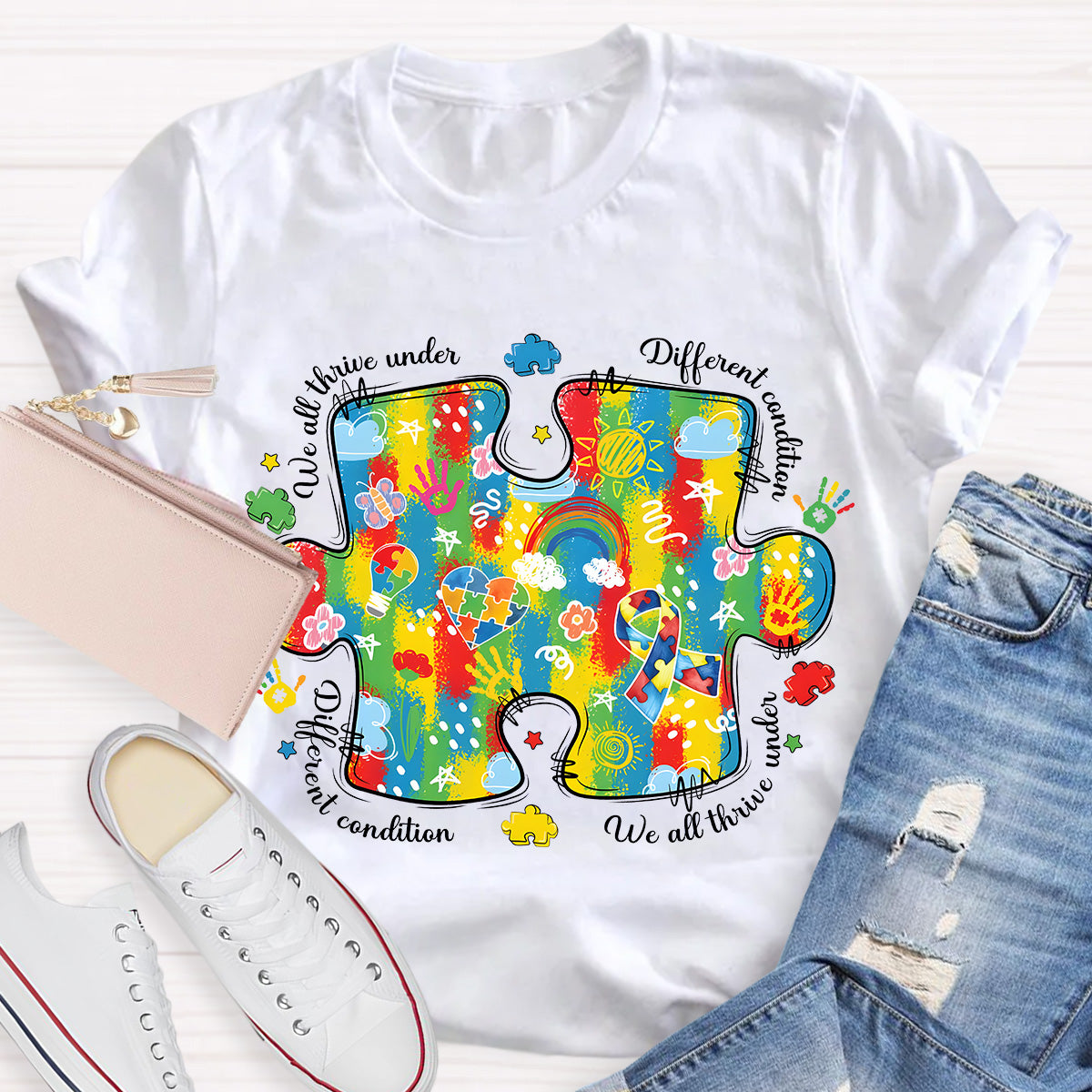 We All Think Under Different Condition Rainbow Puzzle Teacher T-Shirt