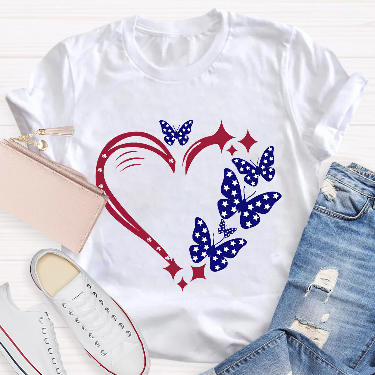 Stars And Strips Butterfly Teacher T-Shirt