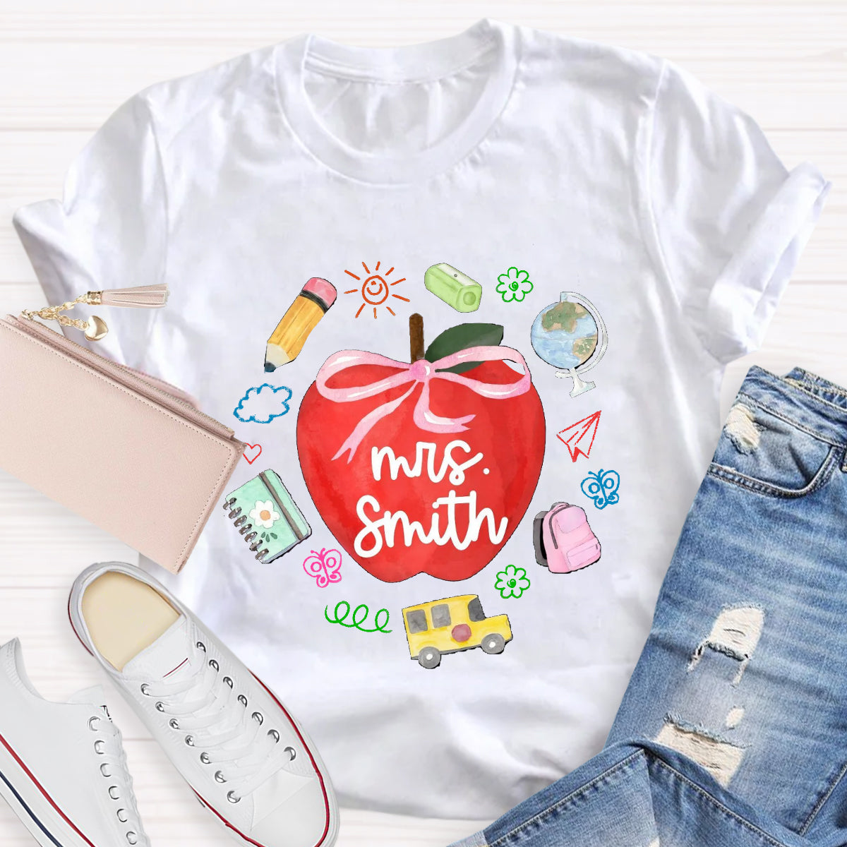 Personalized Name Red Apple Teacher T-Shirt