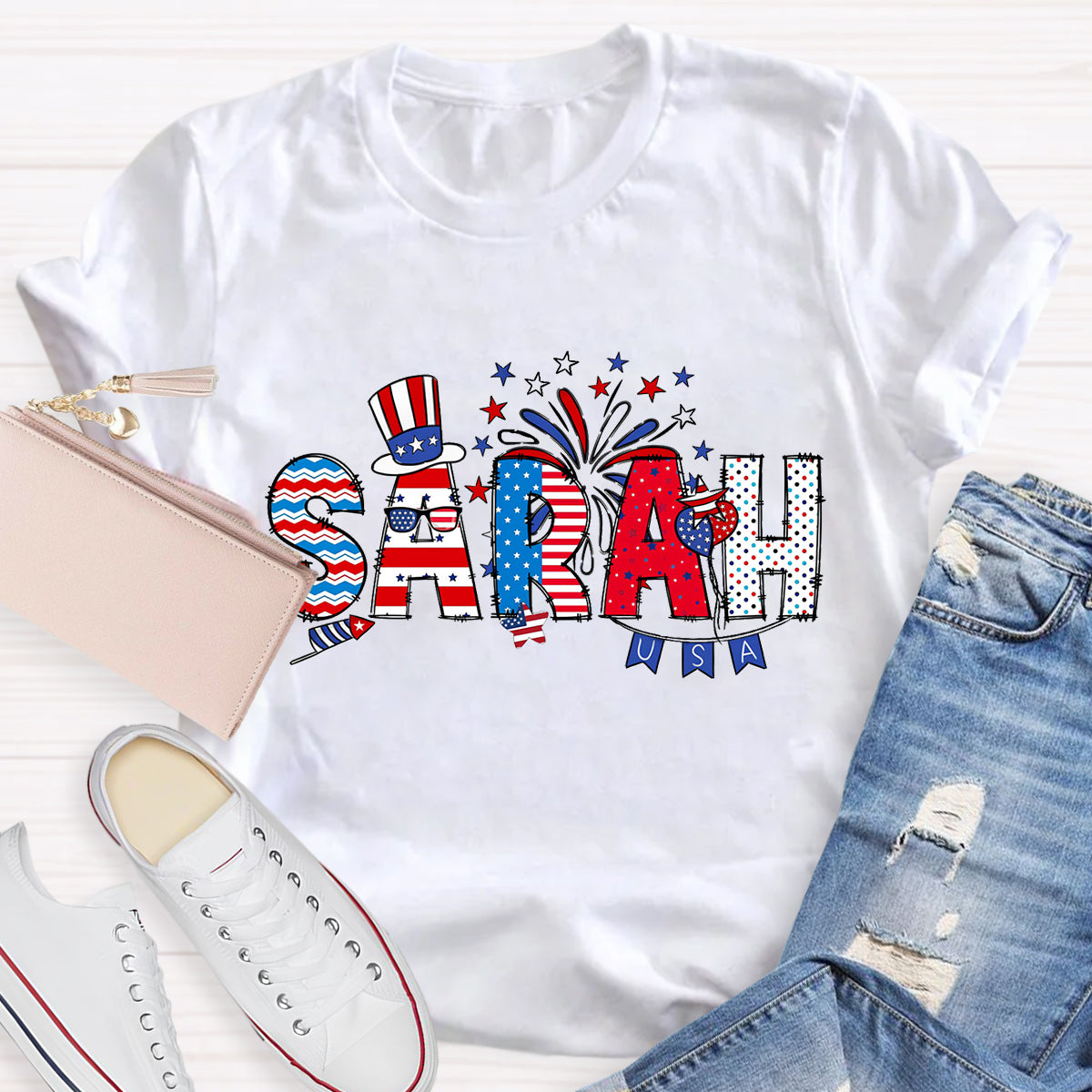 Personalized Independence Day Name Teacher T-Shirt