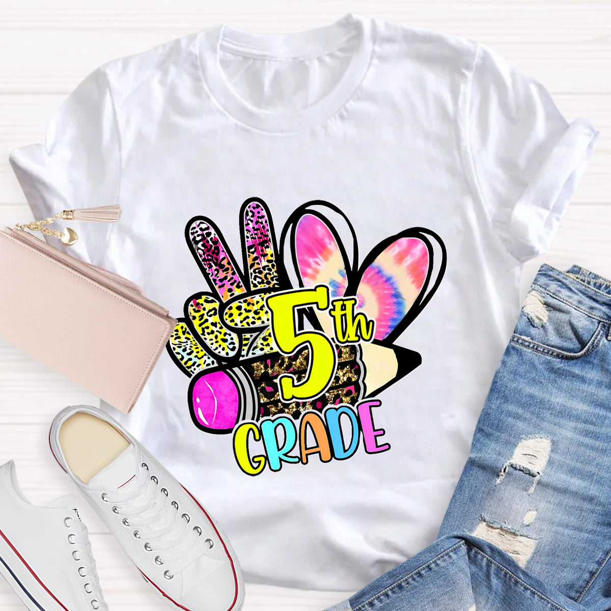 Personalized Grade Colorful Leopard Heart 5th Grade Teacher T-Shirt