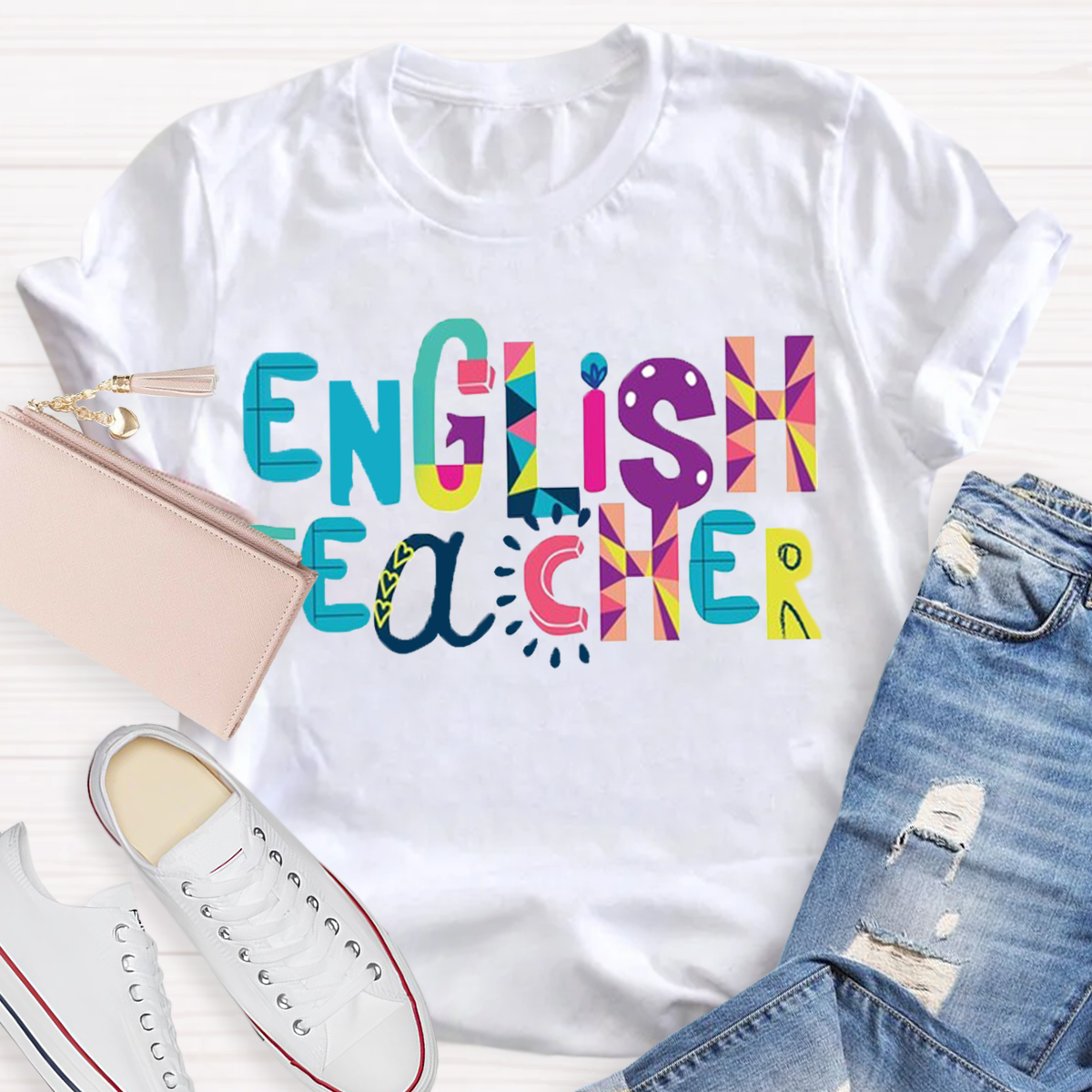 Artistic Color Block Design English Teacher T-Shirt