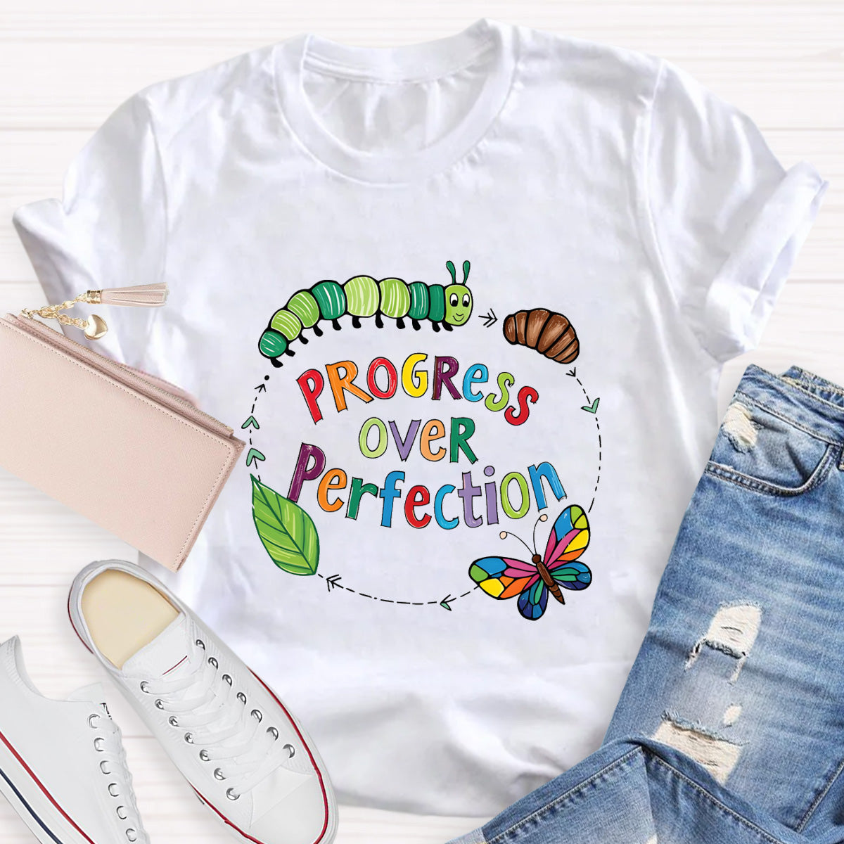 Progress Over Perfection Butterfly Teacher T-Shirt