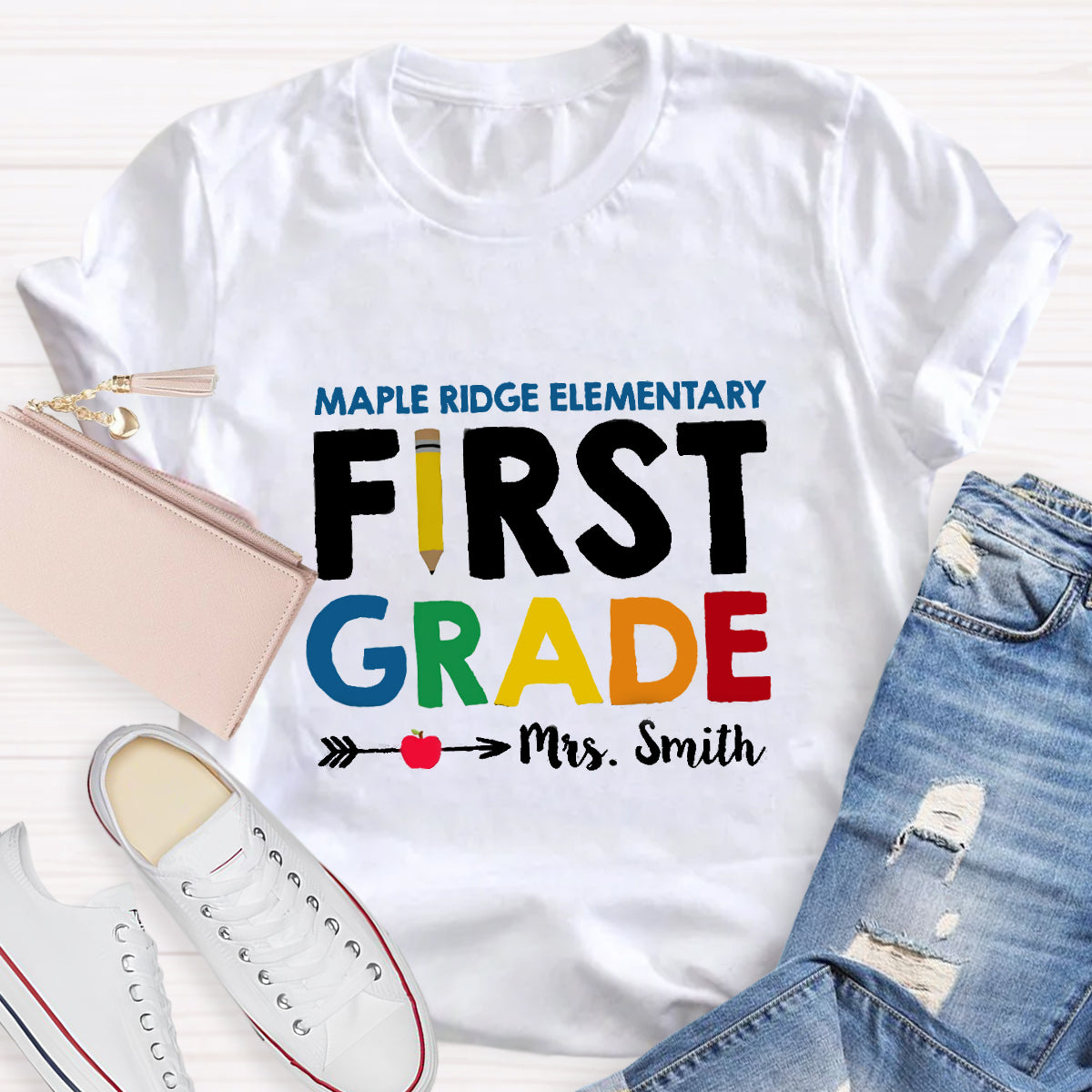 Personalized School Name Grade And Teacher Name Pencil Apple Heart T-Shirt