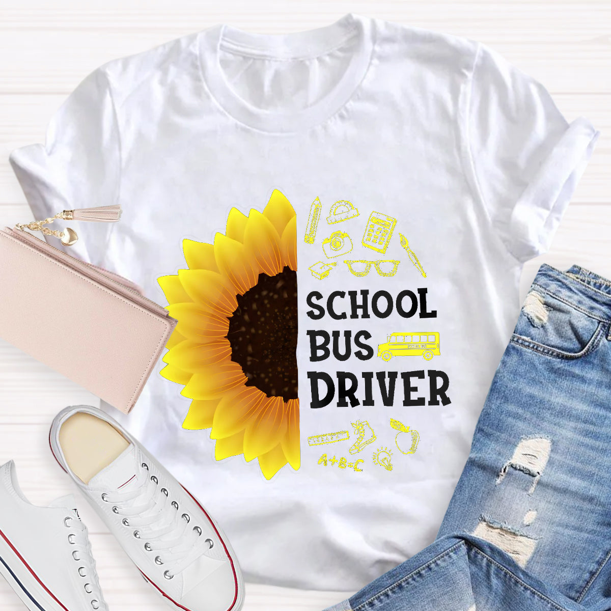 School Bus Driver Sunflower Teacher T-Shirt