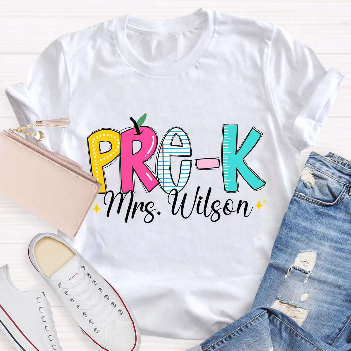 Personalized Grade And Teacher Name Apple Ruler Printed T-Shirt