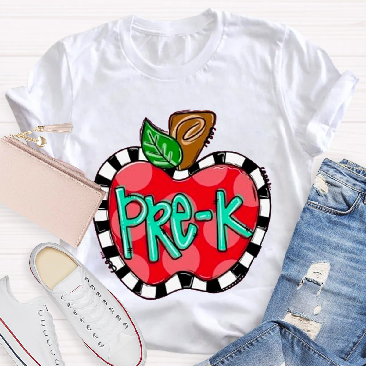Personalized Grade Teacher Color Block  Apple Printed T-Shirt