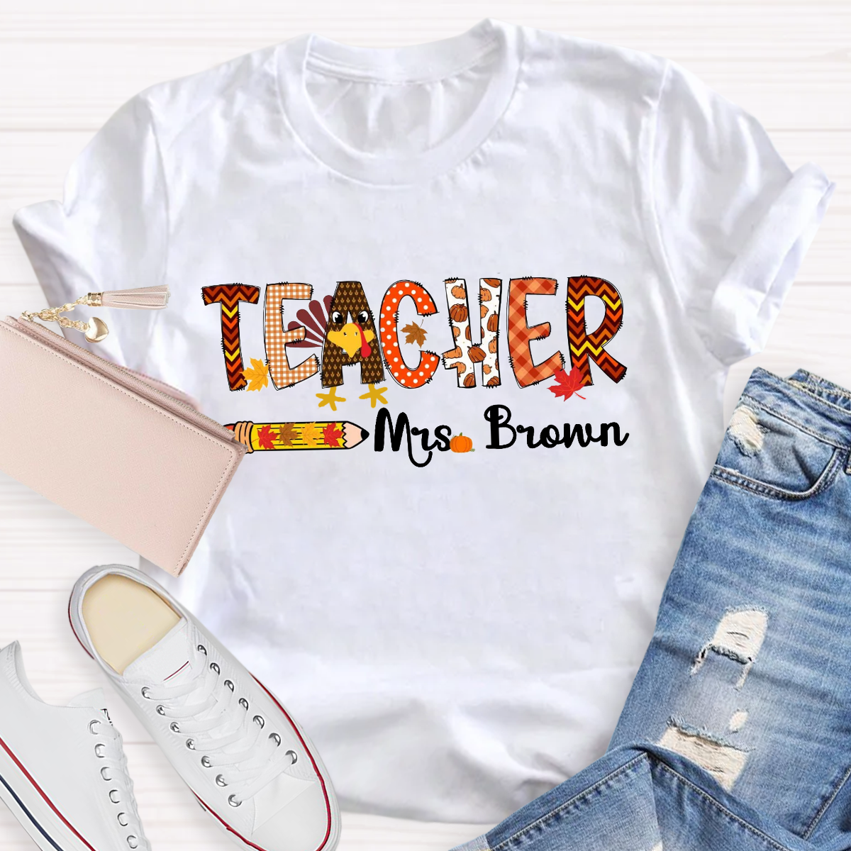 Personalized Name Thanksgiving Teacher T-Shirt