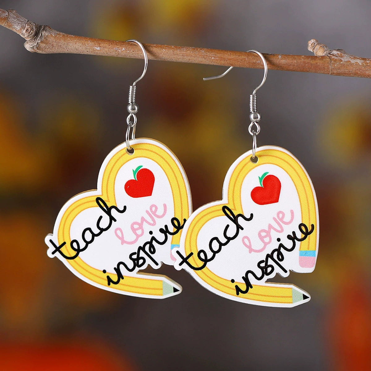 Back-to-school pencils, apples, rainbows, love rulers, acrylic earrings