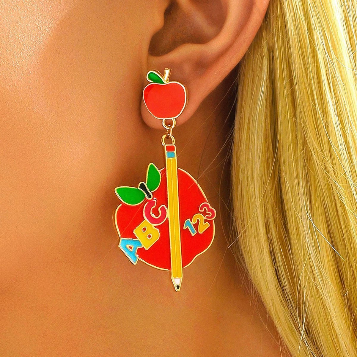 Metal Teacher Apple Fun Earrings