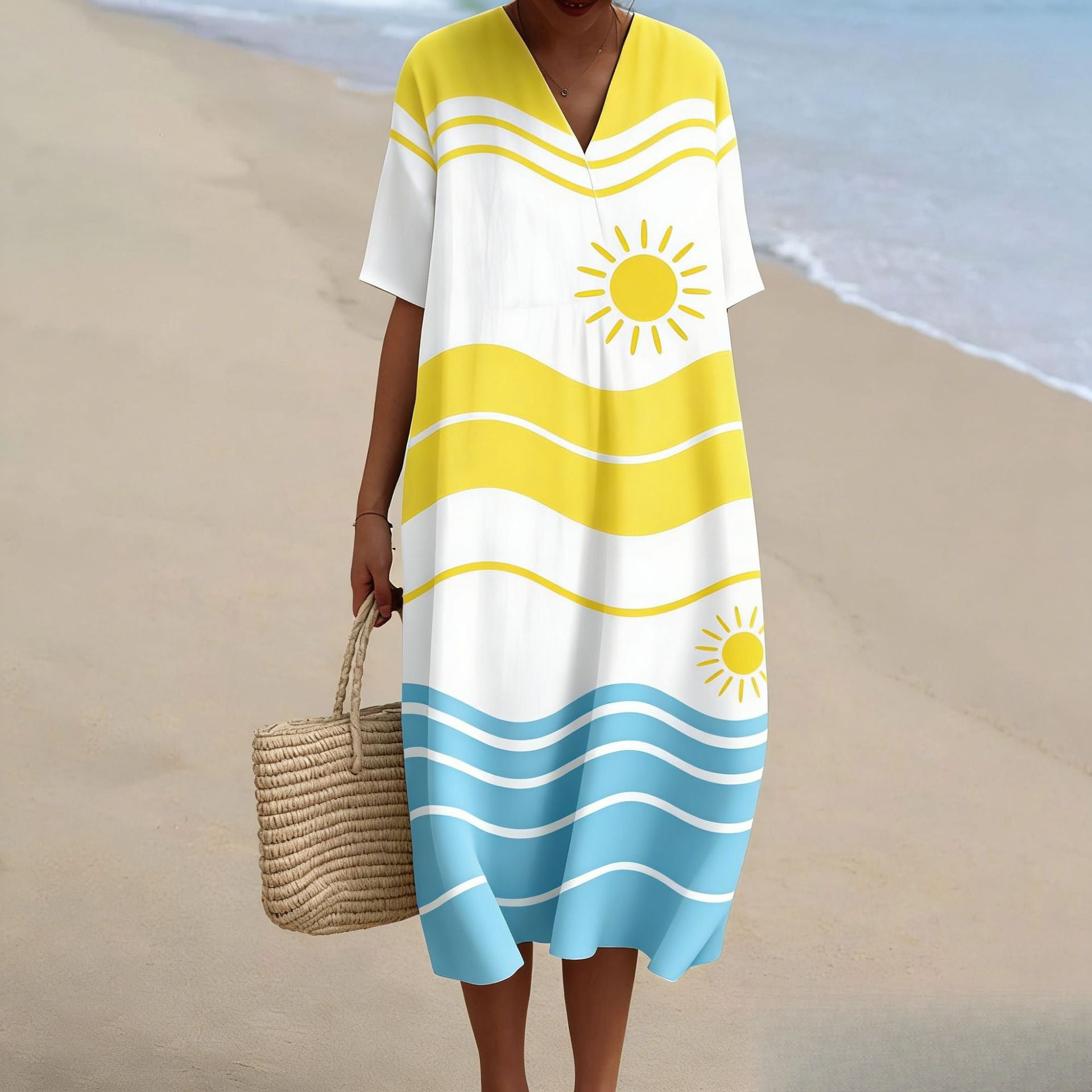 Sun Beach Vacation Pattern Teacher V-neck Resort Dress