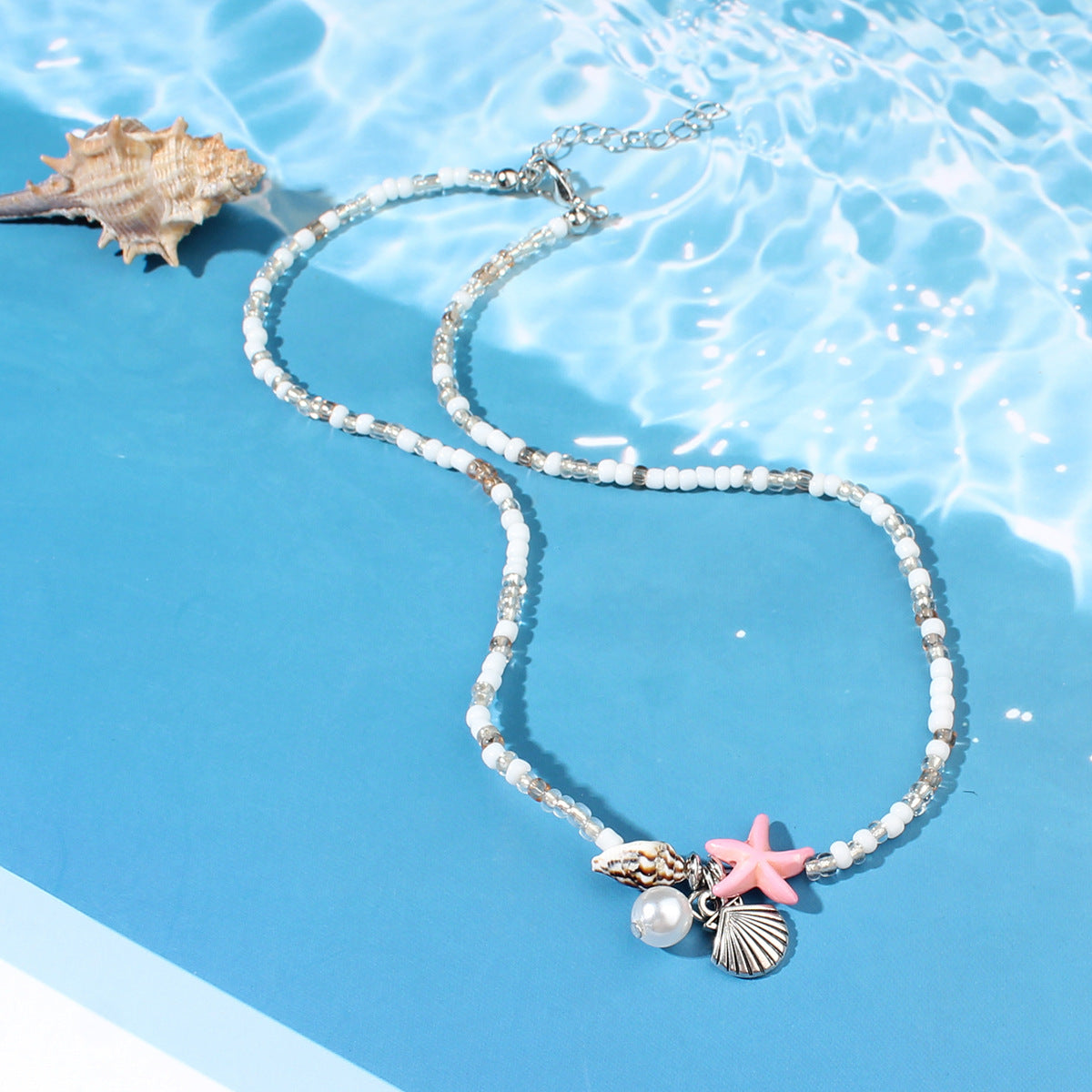 Starfish Conch Blue Bead And Seed Bead Necklace & Bracelet Set