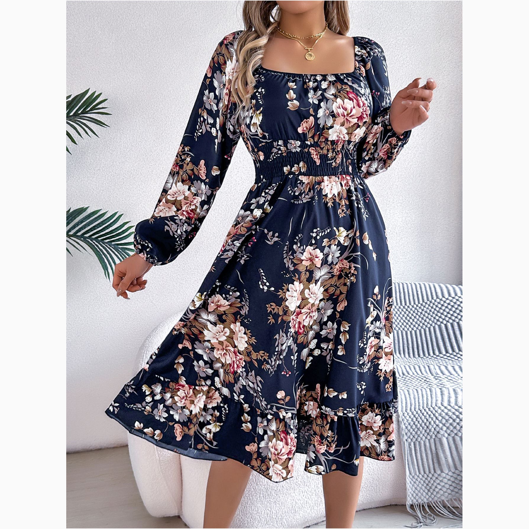 Floral Long-Sleeved Fitted Waist A-Line Skirt With Ruffles