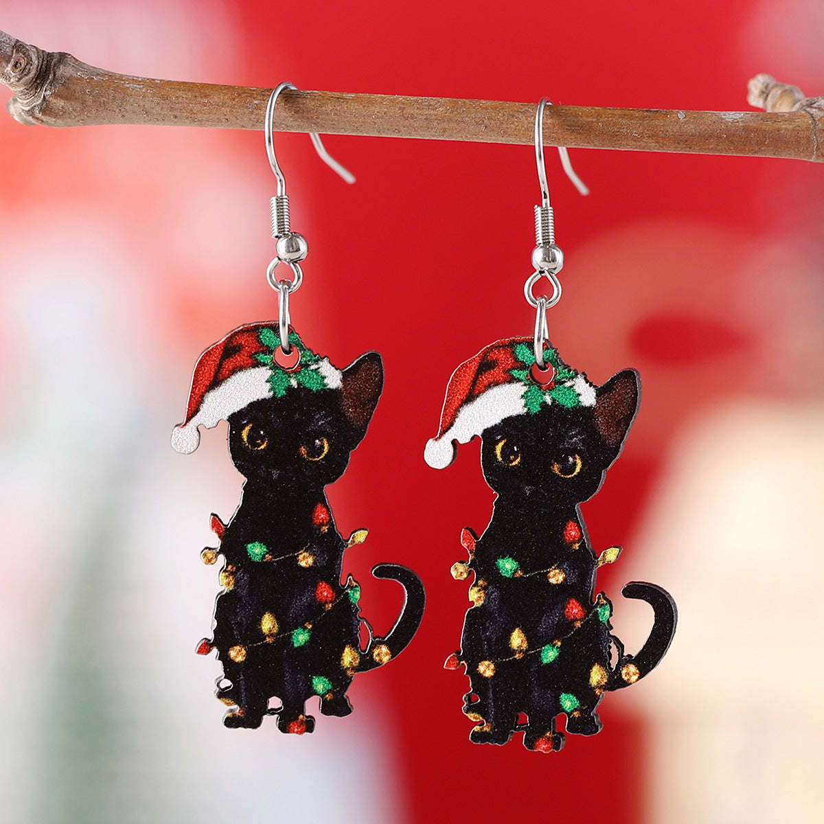 Christmas hat and colorful lights black cat pendant earrings