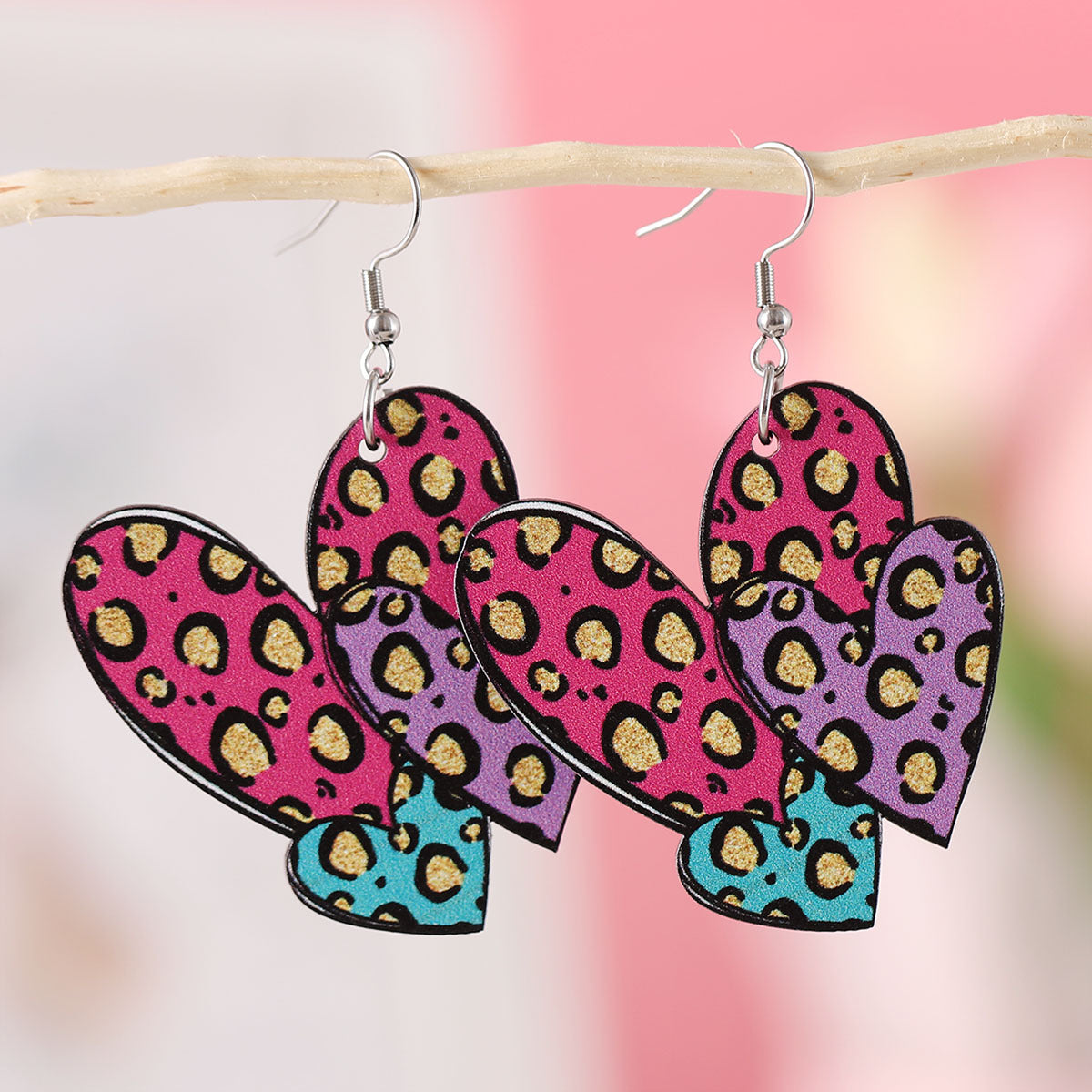 Checkered Leopard Print Polka Dot Heart Earrings